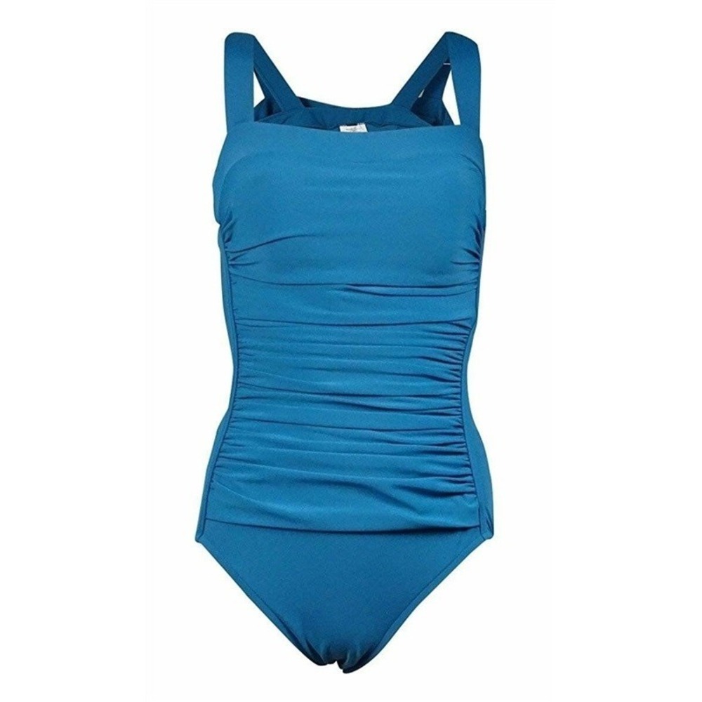 NWT Swim Solutions 8 Ruched Straight Neckline 1PC Teal Swimsuit 130389